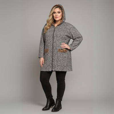 ROCKTHOSECURVES DAMEN Boucele Mantel mit Leopardeneinsatz Kapuze und Taschen