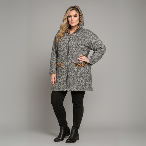 ROCKTHOSECURVES MUJER Abrigo Boucele con Panel Leopardo Capucha y Bolsillos - Imagen 1 de 4