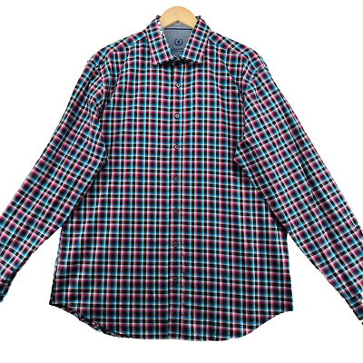 Bugatchi Uomo Shaped Fit Men Size XL Check Cotton Flip Cuffs L/S Casual Shirt