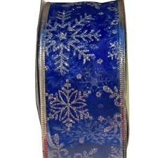 15 yds Snowflakes Silver Glitter Blue Winter Wired Ribbon 2.5"W