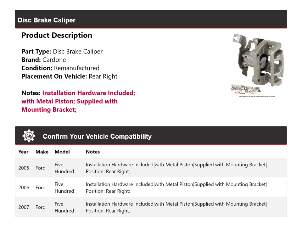 Pinza de freno de disco trasera derecha Cardone 2006 para Ford Five Hundred 2005-2007 Foto 2 de 4
