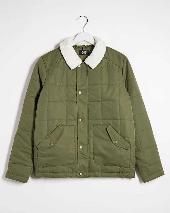 MENS JACAMO OLIVE BORG COLLAR QUILTED JACKET COAT SIZE L NEW WITHOUT TAGS