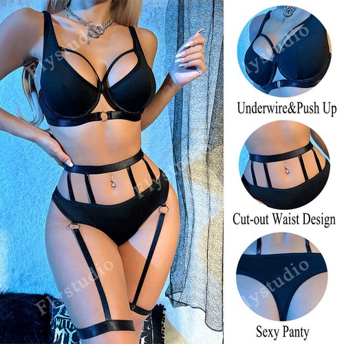 Women's Sexy Lingerie Punk Set Garter Belt Thong Underwire Bra Panty Gothic Set - Picture 2 of 19