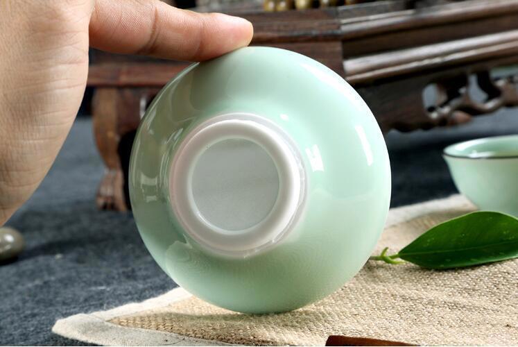 longquan celadon kungfu tea set handpainted underglaze tea pot fish carved cups