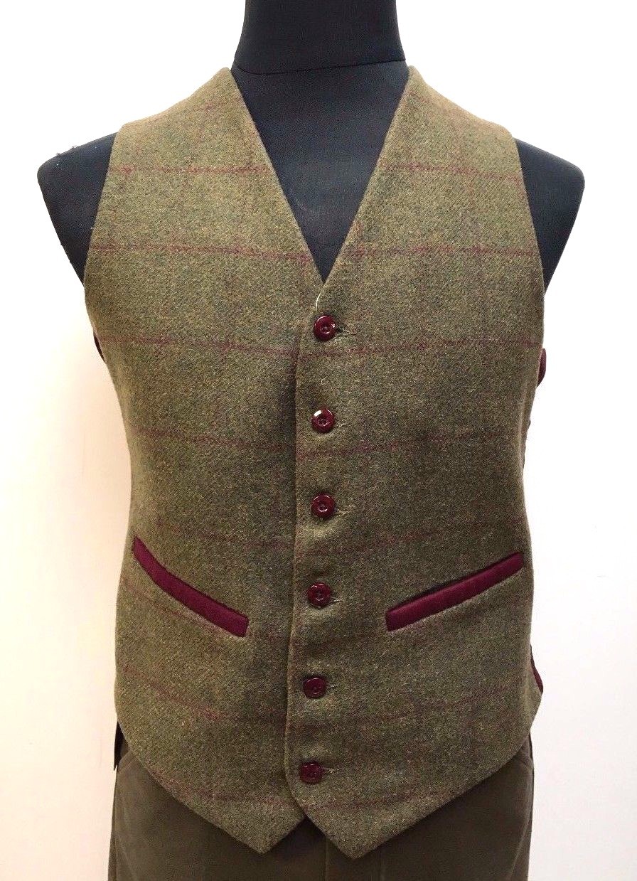 País Tweed Vestido Chaleco Chaleco verde con cuadros Borgoña País Tweed Vestido Chaleco Chaleco verde con cuadros Borgoña