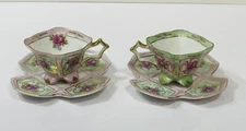 2 Royal Sealy Teacups and Saucers, Square Cup, Multi-Sided Plate, Handpainted