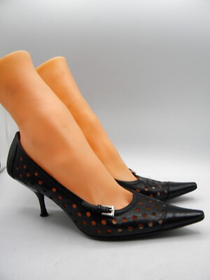 PRADA Black Laser Cut Leather Pointed Toe Heel Classic Pumps