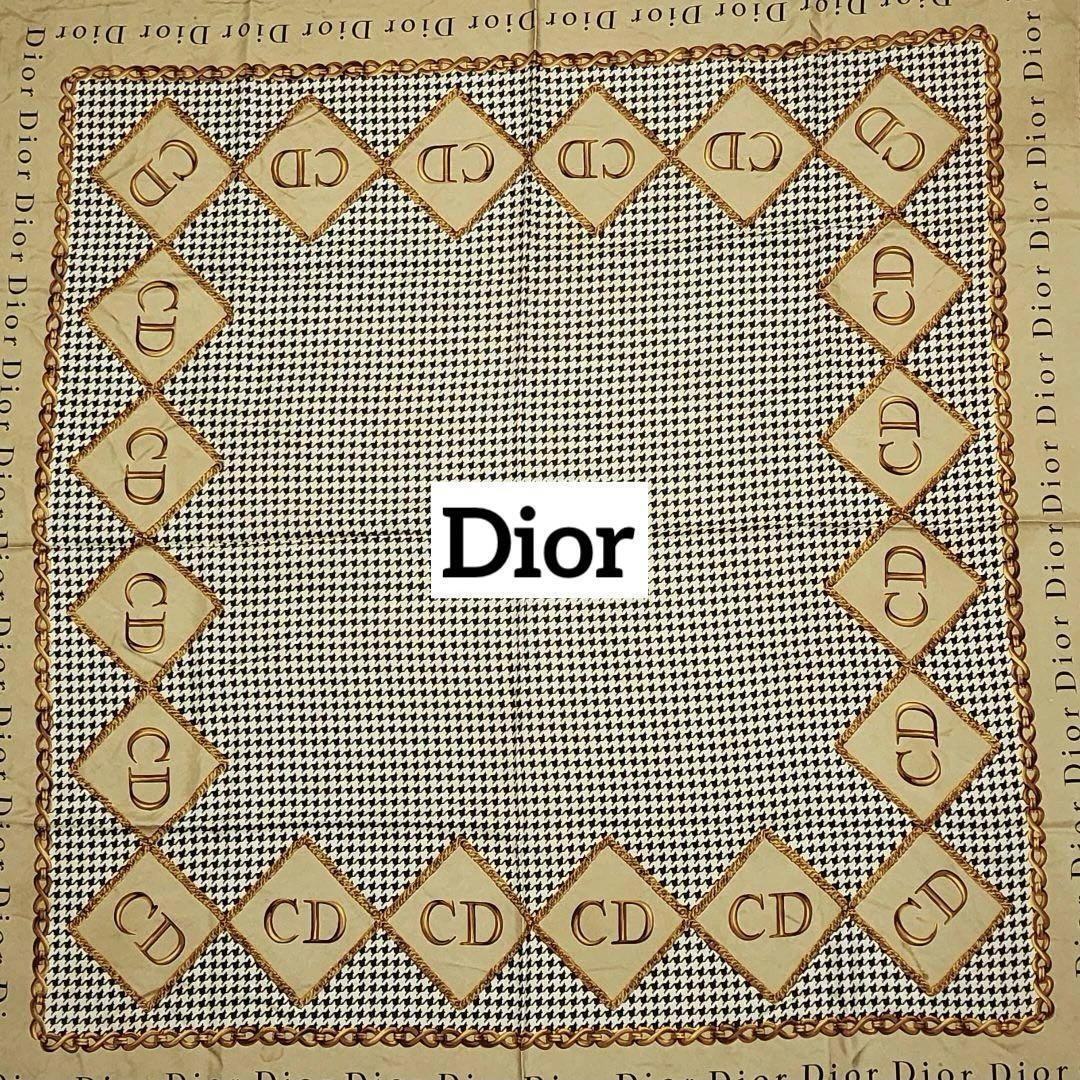 Authentique foulard Christian Dior motif pied de poule marque CD beige noir 100% soie