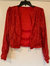 NEW Women's Small Red Sequin Jacket Long Sleeve Open Front Blazer Cardigan Shrug