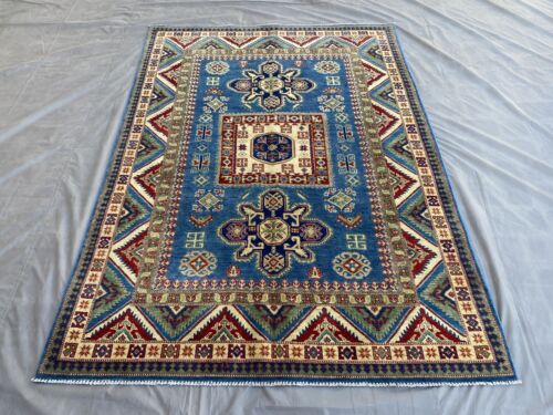 Hand-Knotted Afghan Kazak Rug 5 x 7 – Blue Wool Tribal Geometric Carpet