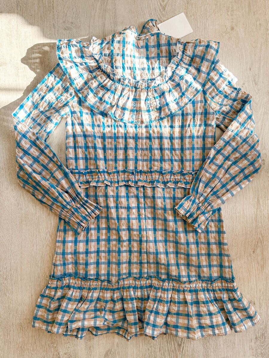 GANNI Pink Blue Gingham Check Seersucker Ruffle Puff Sleeve