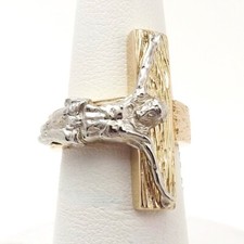 14k Gold Sideways Cross Crucifix Jesus Ring Wood Bark Finish Unisex 8gr Two Tone