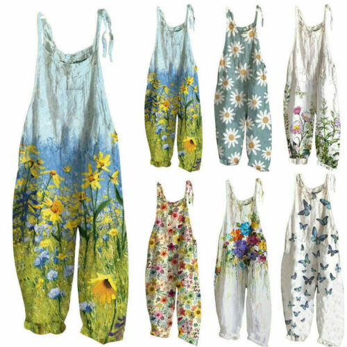Womens Boho Floral Jumpsuit Baggy Dungaree Ladies Summer Romper Playsuit Overall - Picture 1 of 21