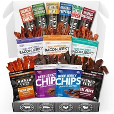 Wicked Cutz Beef Jerky Gift Baskets for Men Beef Jerky Snack Packs with 13 Fl...
