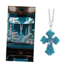 Bling Cross Car Rear View Mirror Hanging Ornament, Crystal Rhinestones Blue