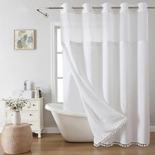 White Farmhouse No Hook Shower Curtain Set with Snap-in Fabric Liner,Boho 71x74