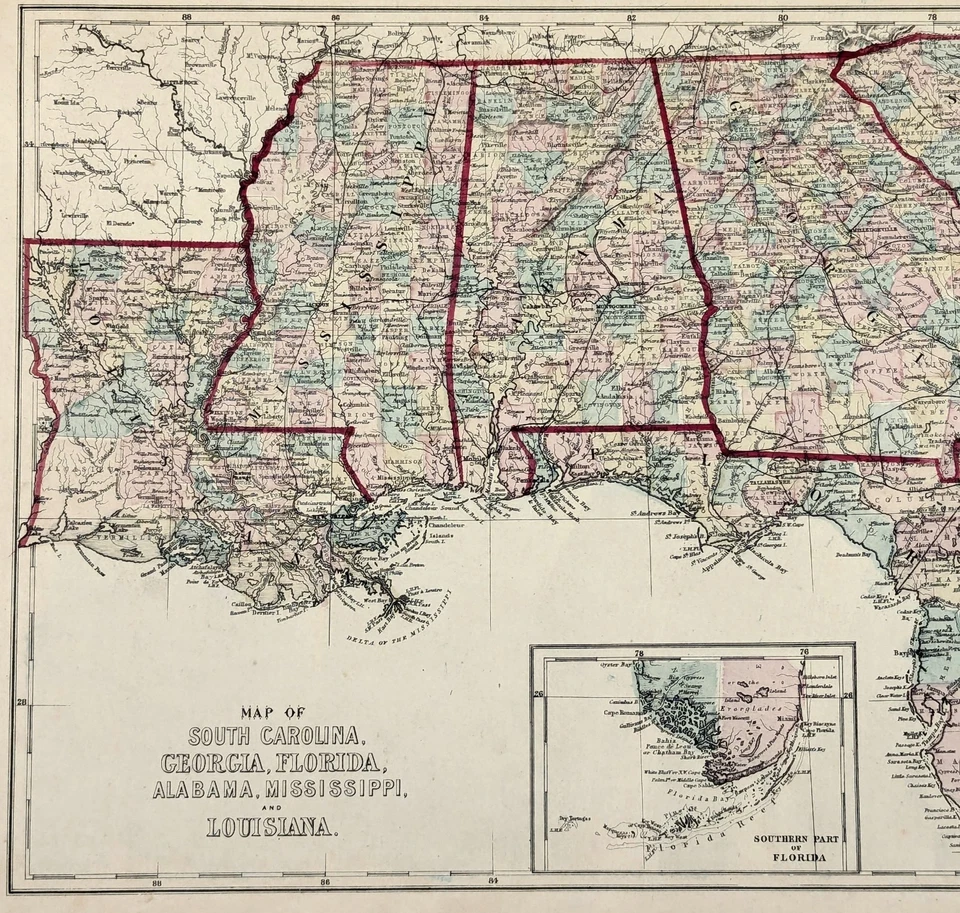 1875 Map  SOUTHERN STATES - Original - GEORGIA  SOUTH CAROLINA  LOUISIANA - Image 2 of 3