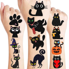 96 PCS Cute Black Cats Cat Halloween Temporary Tattoos Pre-Cut Themed Birthday P