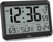WallarGe Atomic Digital Wall Clock Battery Operated, 8.5 inches, Black 