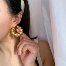 Vintage Punk Gold Plated Large Round Beaded Chunky Hoop Earrings for Women Light