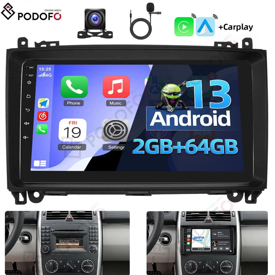 PODOFO Android 13 Car Radio GPS Stereo Carplay For Mercedes Benz A B Class Vito Viano