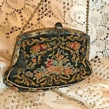 Antique Petit Point Needlepoint Purse Embossed Brass Metal Frame w Stones