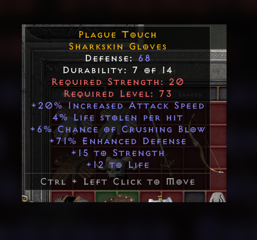 Diablo 2 Resurrected D2R PC /20 ias/6 crushing blow/15 str gloves
