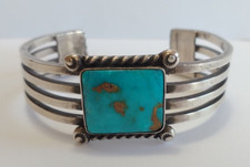 HANDSOME 1930S MENS VINTAGE NAVAJO INDIAN SILVER SQUARE TURQUOISE CUFF BRACELET