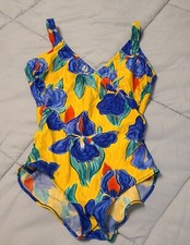 Vintage 80s 90s Swimsuit S Floral Vibrant Yellow Purple New Wave Beach Pool