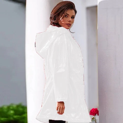 Women Casual Patent Leather Hooded Trench Loose PVC Long Jackets PU Outwear - Picture 9 of 17