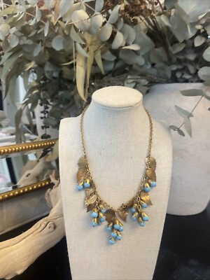 Rare Miriam Haskell  Turquise Grape Glass Gilt Gold Leaves necklace 