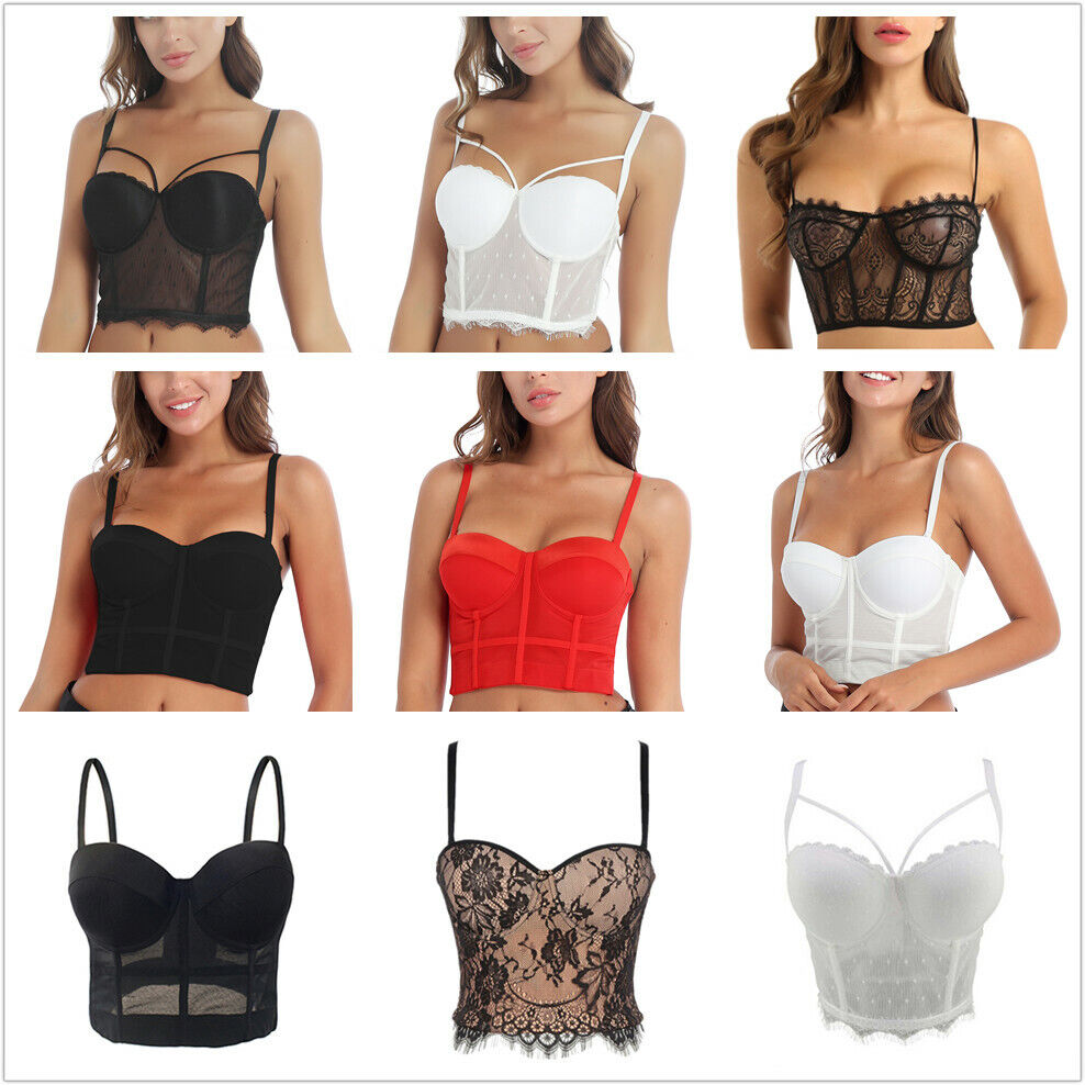 Women's Mesh Bustier Crop Top Push Up Corset Top Bralette with Detachable  Strap