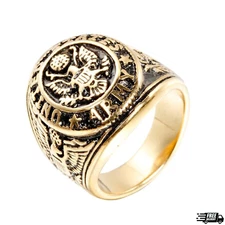 Stainless Steel Gold US Army Ring - Army Seal Biker Ring W/ US Army Flag & Eagle