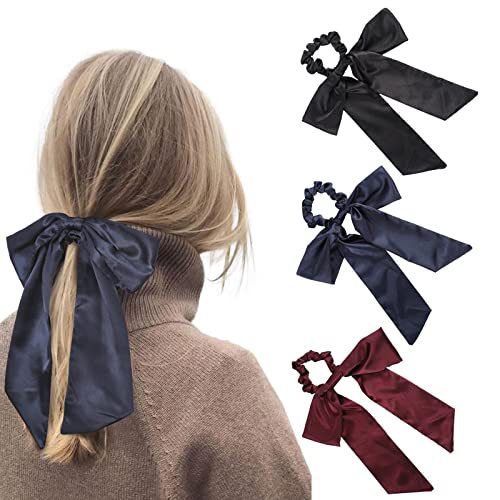Satin Hair Scrunchies with Bowknot Ponytail Ties and Elastic Ribbons
