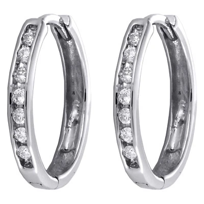 10K Weißgold Rund Kanal Set Diamant Oval Klappbar Creolen 0.17 Karat - Bild 1 von 4