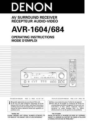 Denon AVR-684 AVR-1604 Receiver Owners Manual