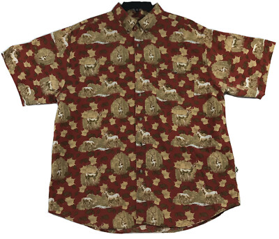 Joe Marlin 100% Cotton Red Buck Deer Leaves Short Sleeve Button Down Shirt XL