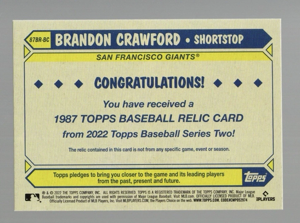 2022 Topps Series 2 - 1987 Topps Baseball Relics Black #87BR Brandon Crawford - Image 2 of 4