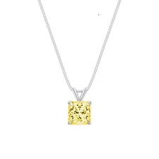 1.0 Ct Princess Canary Created Diamond Real 18K White Gold Pendant 18" Necklace