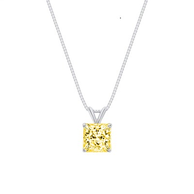1.0 Ct Princess Canary Created Diamond Real 18K White Gold Pendant 18'' Necklace