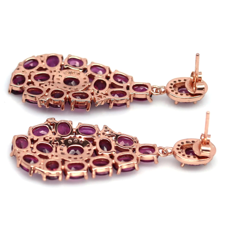 Pendientes de plata de ley 925 con piedras preciosas de granate rodolita roja púrpura, circonitas blancas Foto 3 de 4