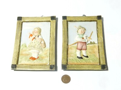Vintage Paar handbemalte Keramik Biskuit Wandtafeln Junge + Mädchen 5,5 x 4 Zoll
