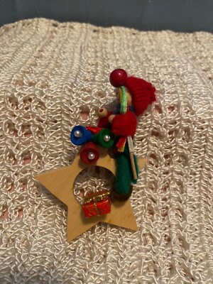 Christmas Ornament Pixie On star Felt Body Wooden Head Hands