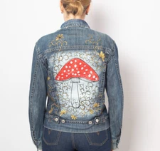 Mushroom Hand Painted Upcycled Denim Jacket Amanita Muscaria Jacket Size M