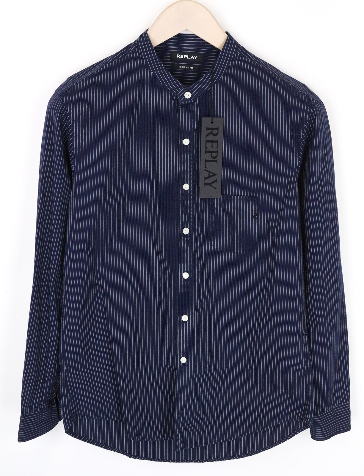 Replay Hombre CAMISA S Corte Normal Algodón Puro Rayas Azul Bolsillo Manga Larga