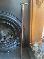 Vintage Carved Brass Head Wooden Walking Stick Rubber Stop