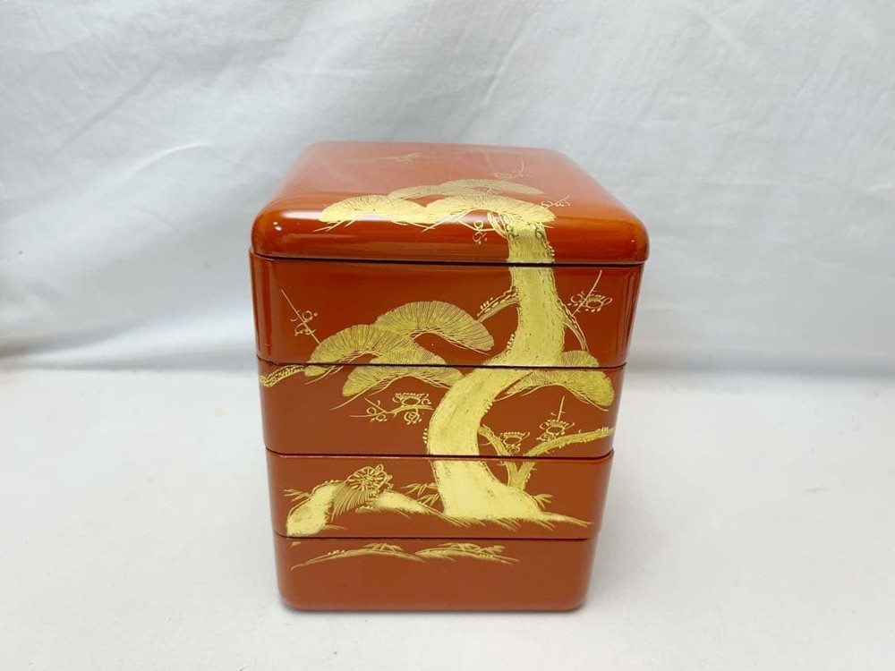 Jubako Bento Box Japanese Almost unused utensils Wooden vermilion lacquer Set of