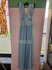 Aidan Mattox Pleated Maxi Dress Mist Blue Ruffle Evening Prom Dress UK 6 BNWT