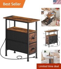 End Table with Charging Station, Narrow Side Table with 2 Fabric Drawers, Ski...