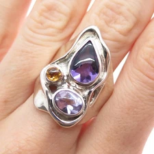 HAGIT GORALI 925 Sterling Silver Vintage Real Amethyst & Citrine Ring Size 10.25